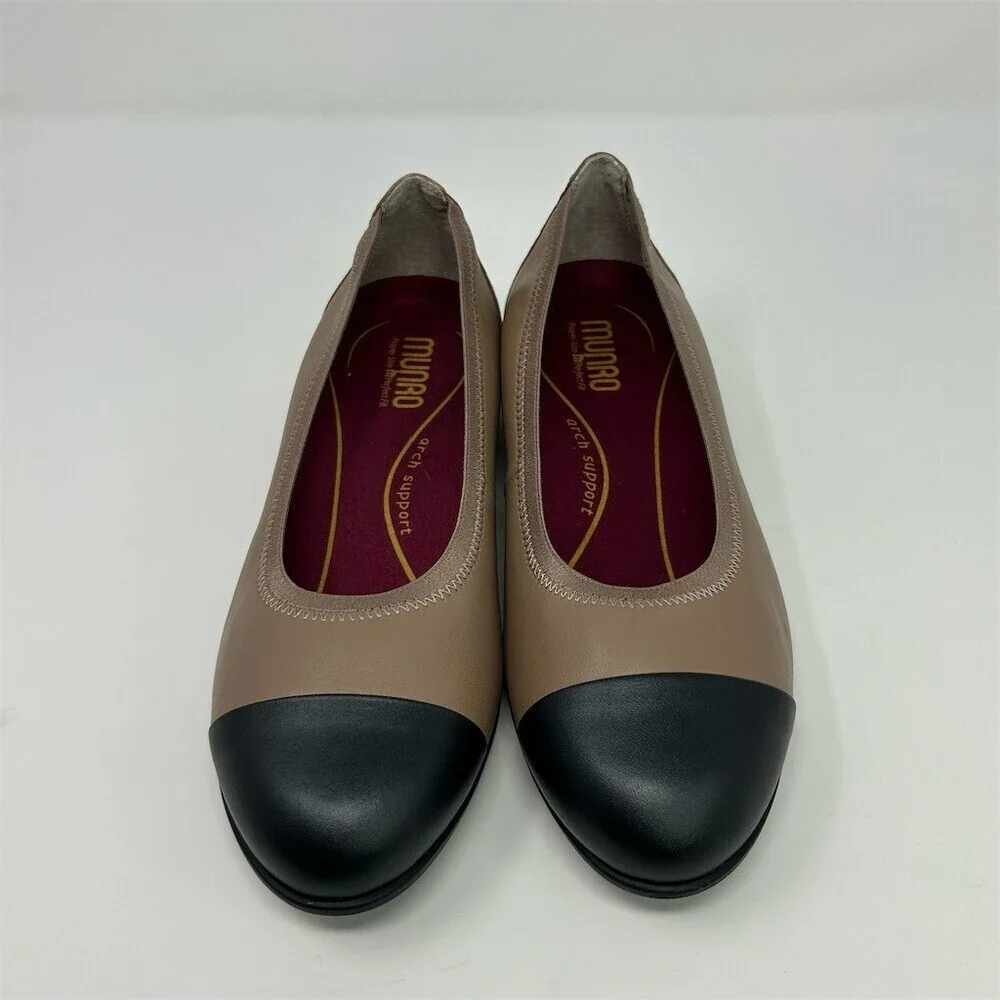 Munro Womens Cap Toe Ballet Flats Beige Black Arch Support Slip-On Size 8 WW